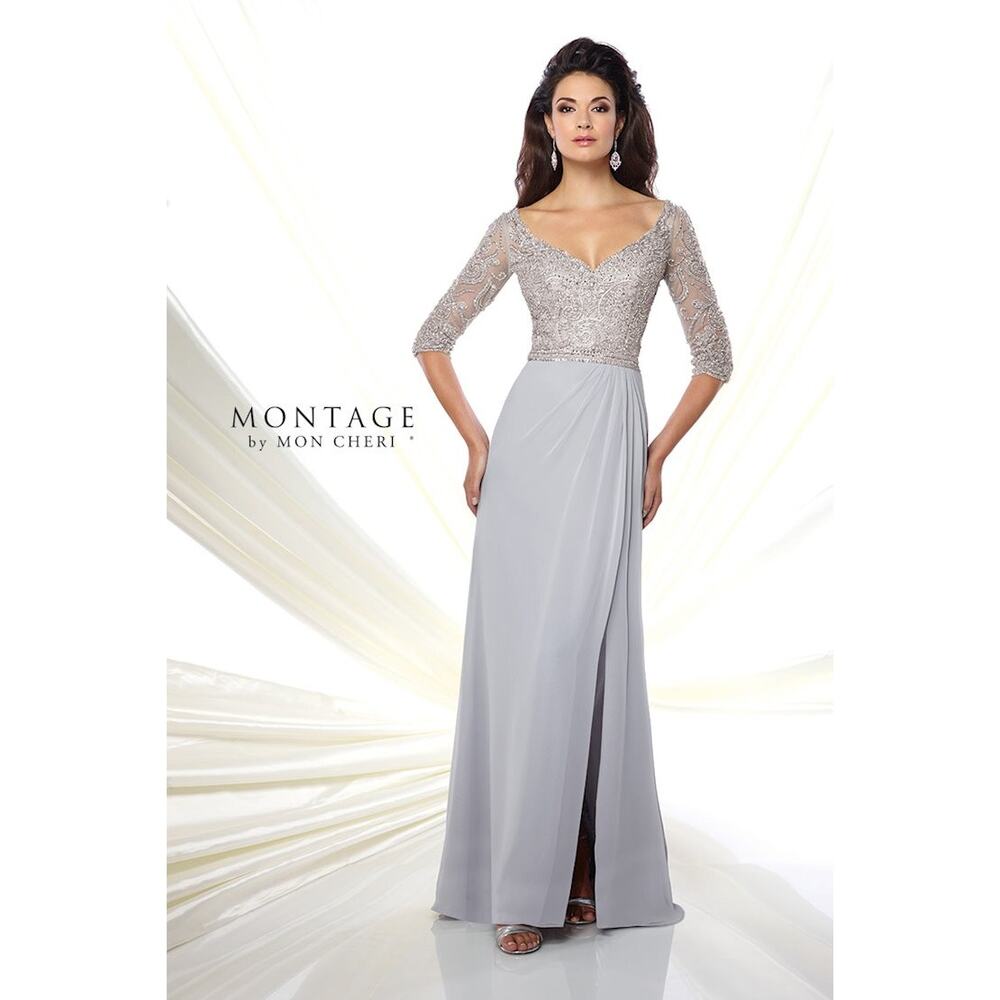 Mon Cheri Mother of The Bride Slate Gray Rhinestone Sweetheart Neckline Gown